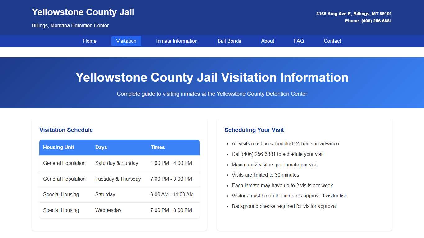 Visitation Information Yellowstone County Jail Billings MT