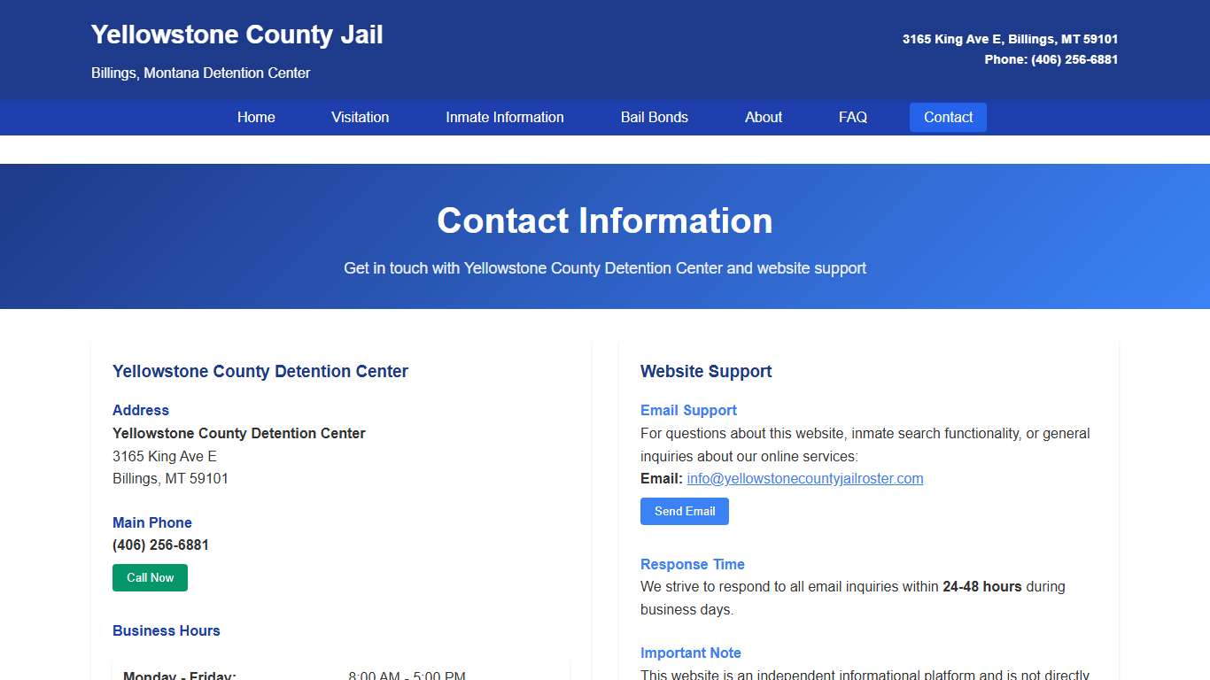 Contact Information Yellowstone County Jail Billings MT